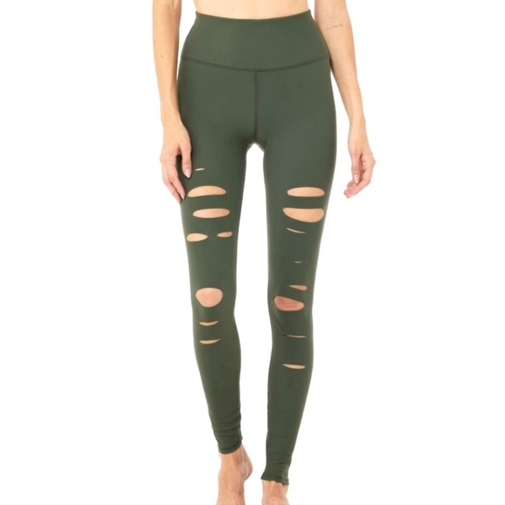 ALO Yoga High Waisted Ripped Warrior Leggings Army Green
